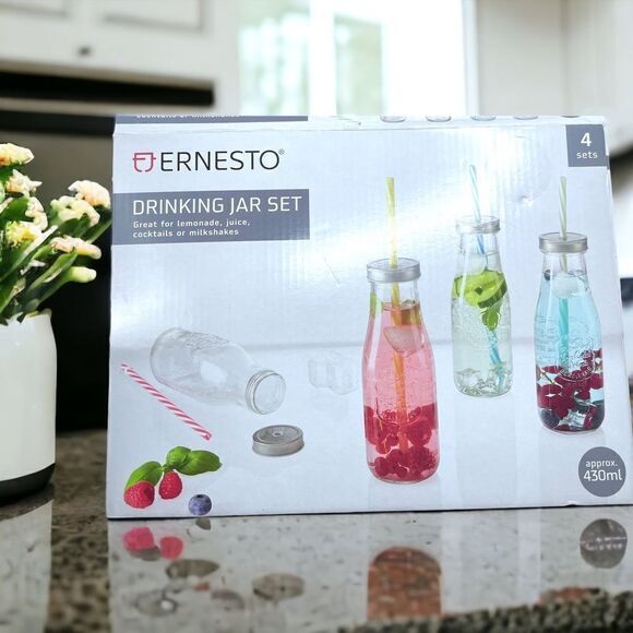 Ernesto l Set of 4 l Drinking Jars w/ Lids & Straws l Glass l 14.5 oz. l NIB - Picture 5 of 12
